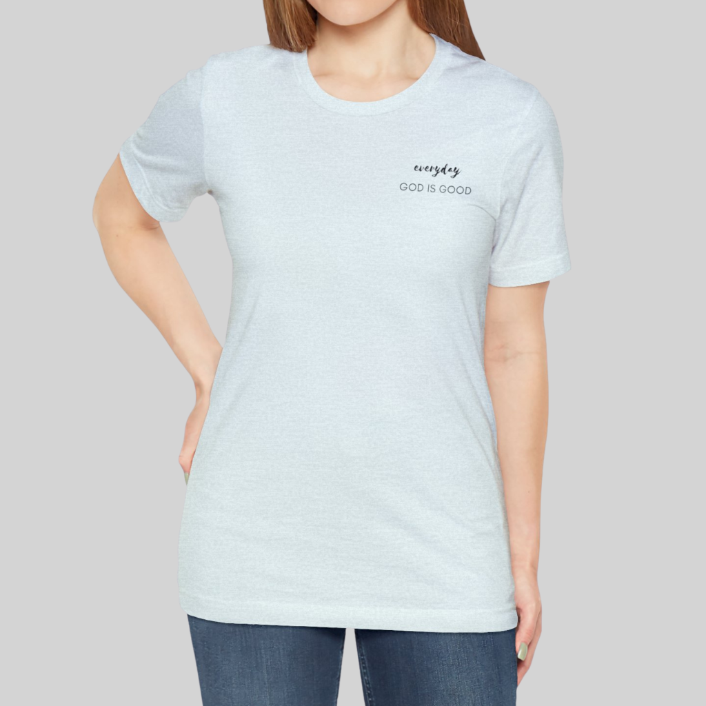 Demure Everyday God Is Good Cotton Casual Tee — Heather Ice Blue – Main Front